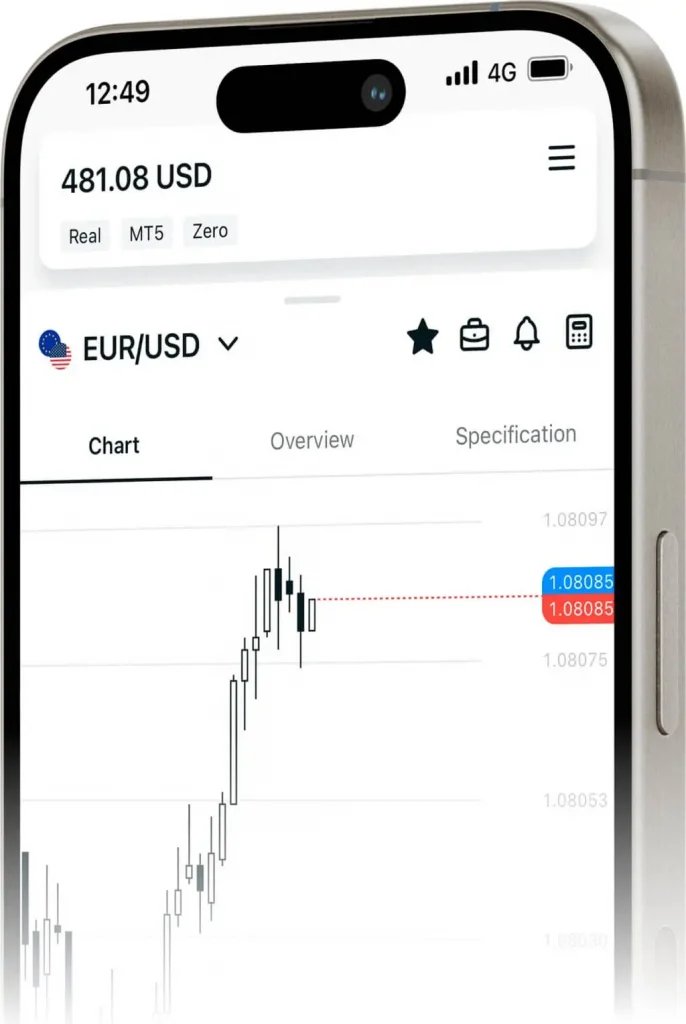Exness no smartphone com gráfico de velas do par EUR/USD